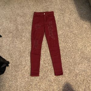 Maroon Ripped High Waisted Skinny Jeans